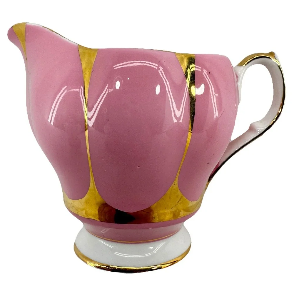 Queen Anne England Bone China‎ Pink Gold Open Creamer Sugar Bowl Set Vintage EUC